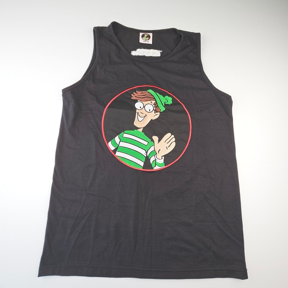 The Waldos Graphic Tank Top Mens Medium Black Green Striped Character Shirt